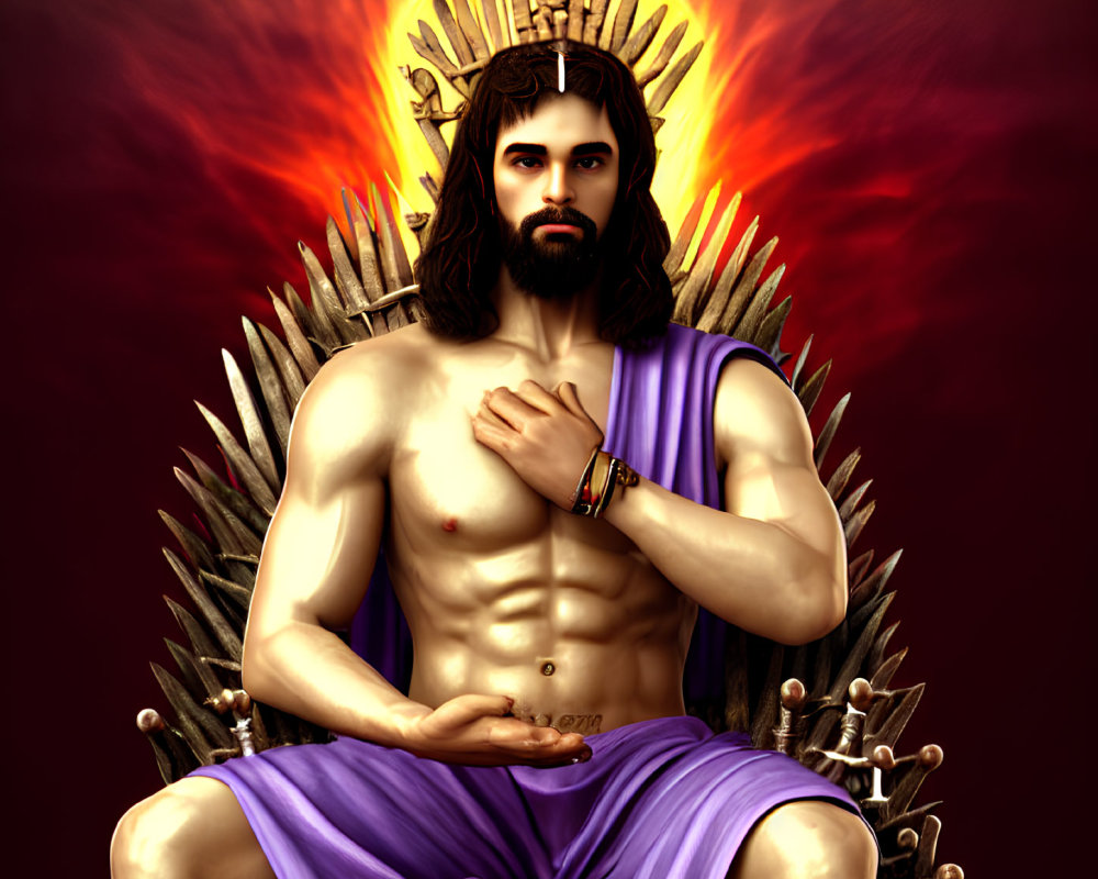 Man with halo in purple drapery on iron throne in meditative pose