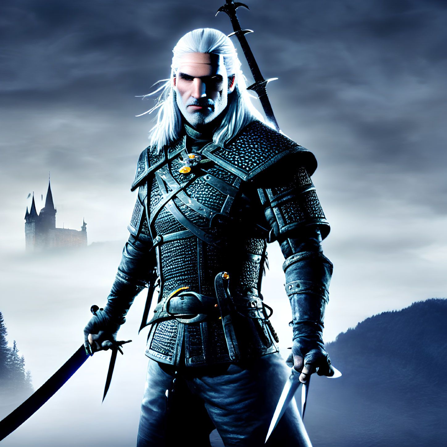White-Haired Warrior in Studded Leather Armor with Two Swords by Misty Castle