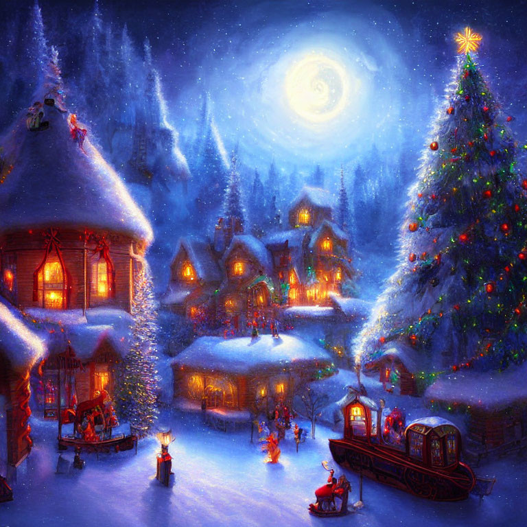 Snow-covered village scene with Christmas tree, full moon, and festive atmosphere