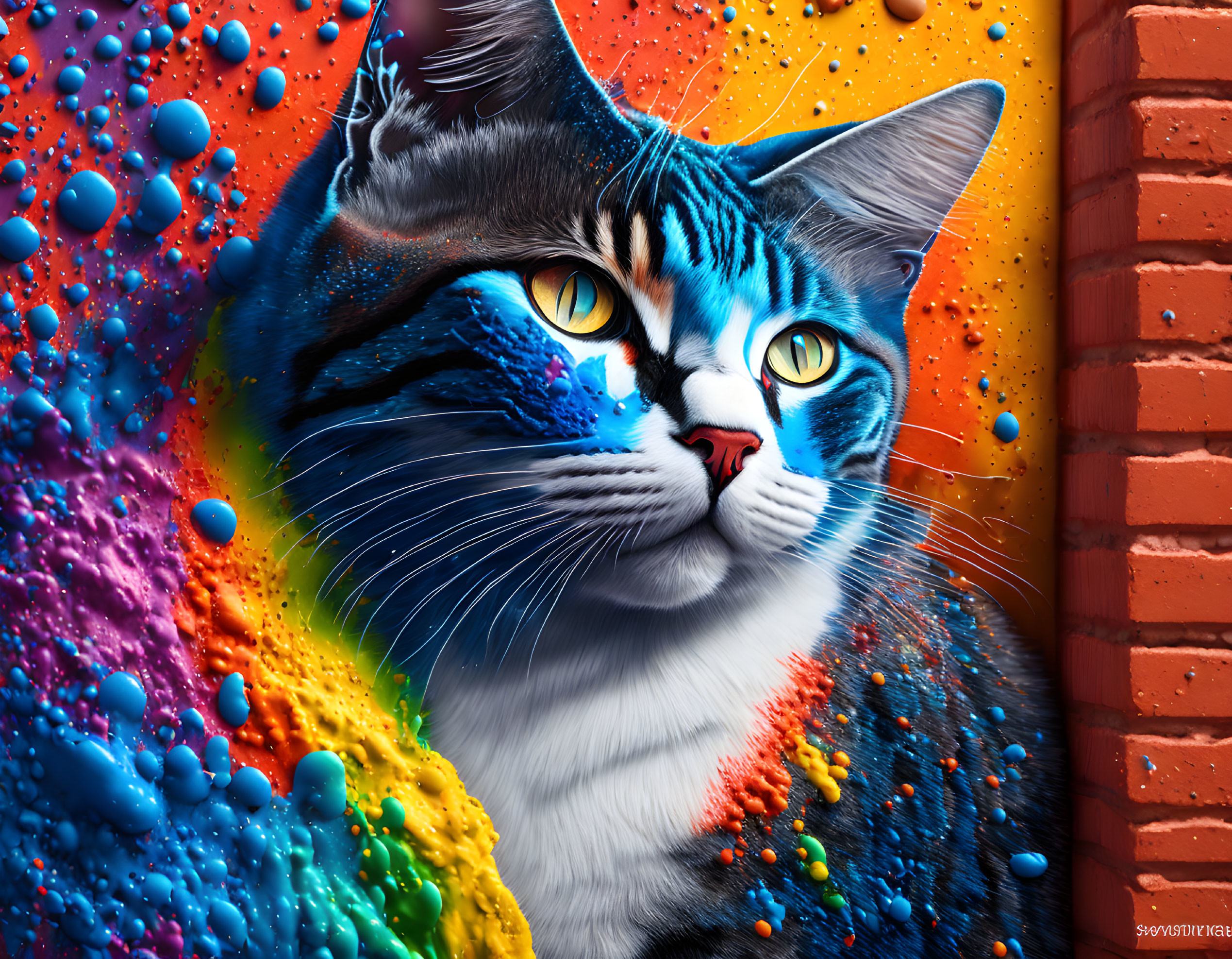Colorful digital artwork of cat with multicolored fur on brick wall.