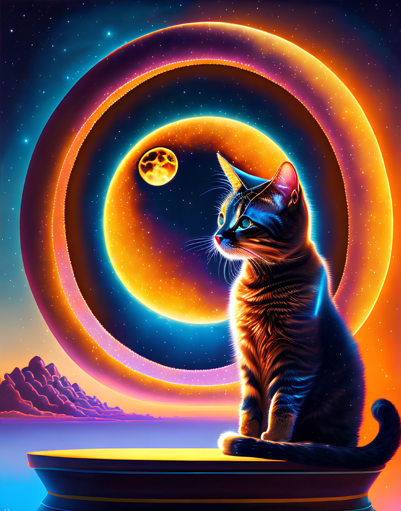 Colorful Digital Artwork: Cat with Neon Rings and Cosmic Moon Backdrop