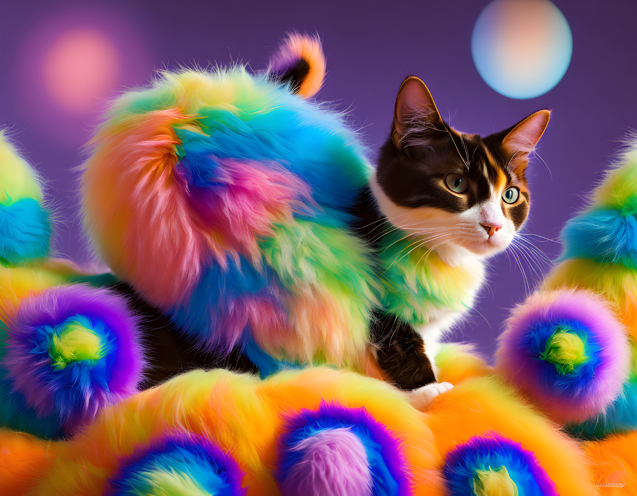 Colorful Cat in Furry Coat with Fluffy Balls on Purple Background