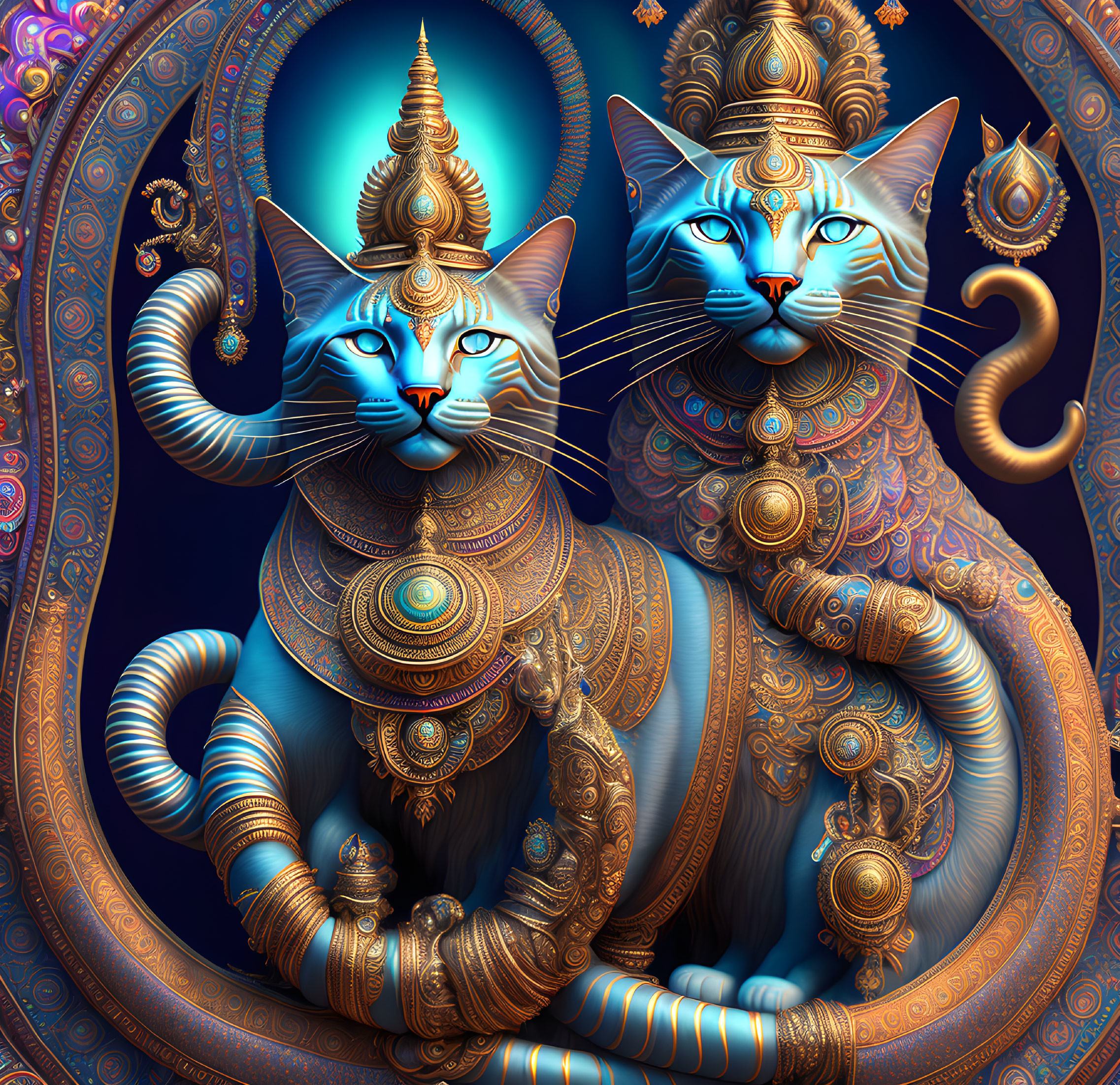 Stylized ornate blue cats with human-like eyes in digital art