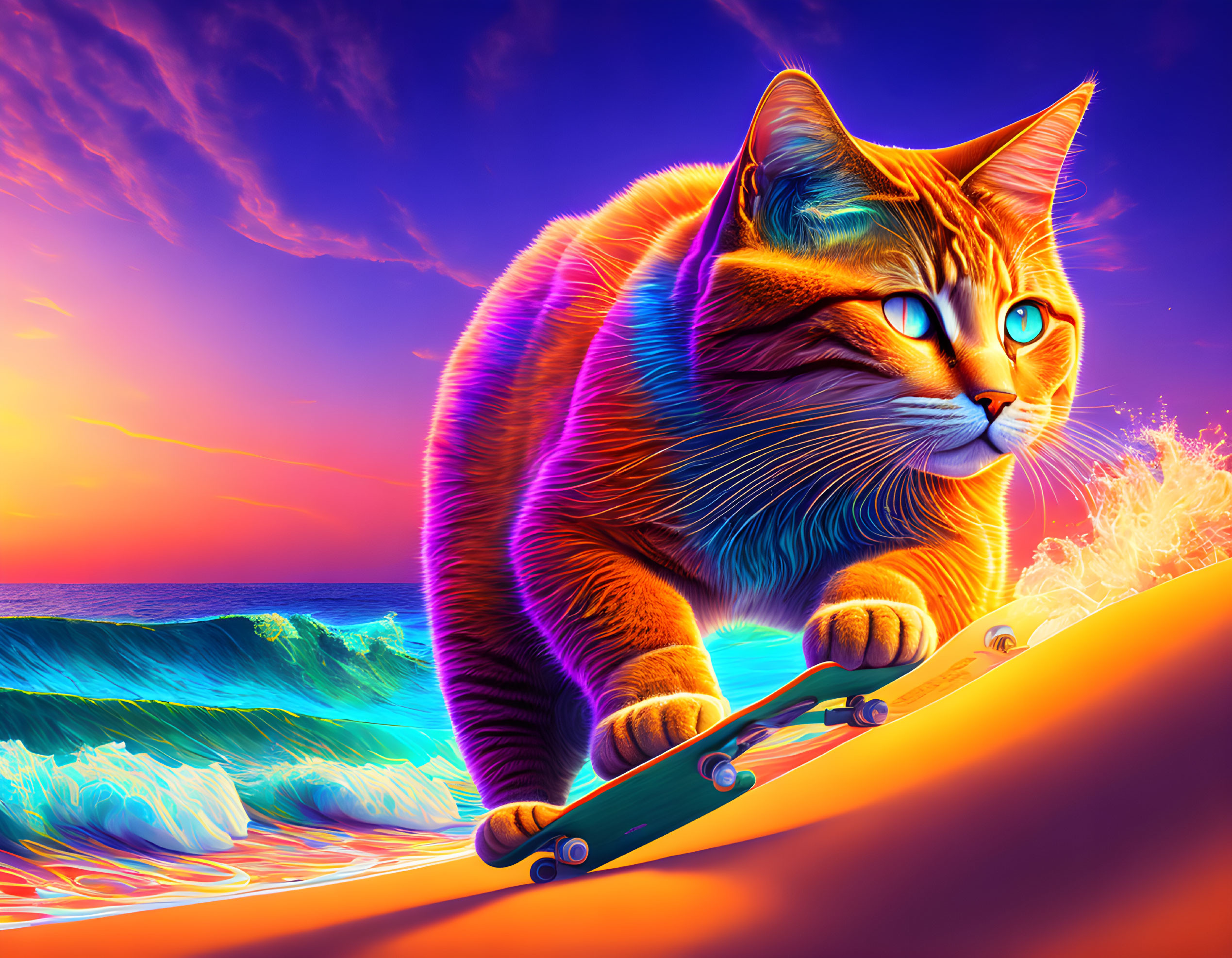 Colorful Cat Skateboarding by Sunset Sea