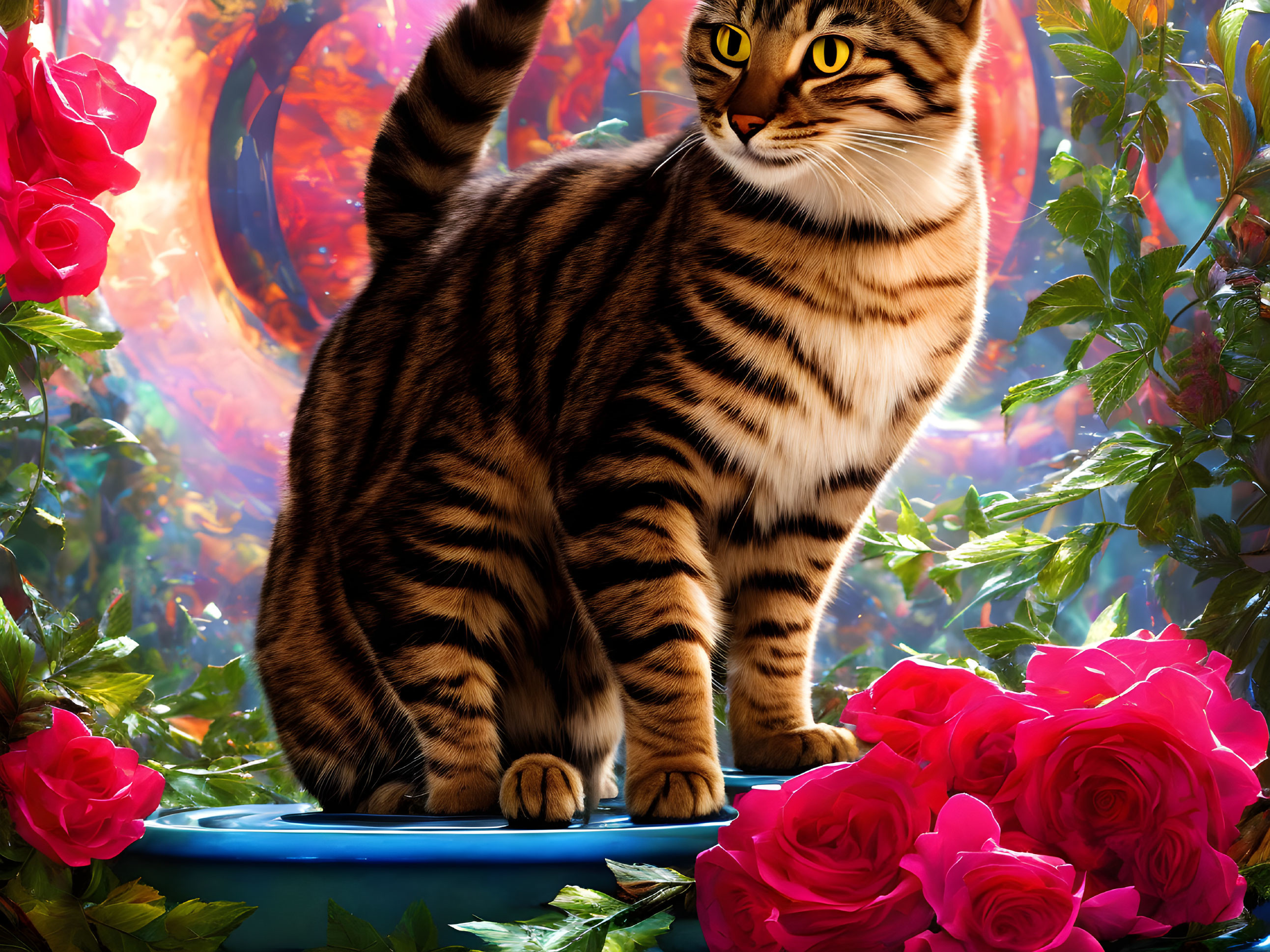 Tabby Cat Surrounded by Red Roses on Blue Surface