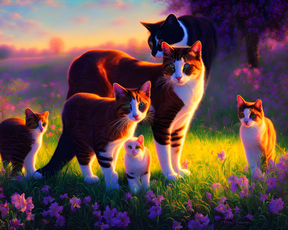 Five Vibrant Cats with Unique Markings in Purple Flower Field at Sunset
