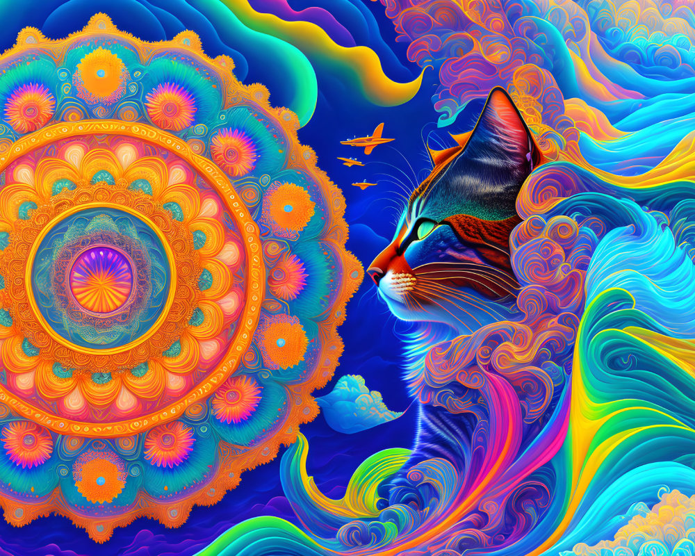 Colorful Psychedelic Artwork with Mandala and Cat on Vibrant Background