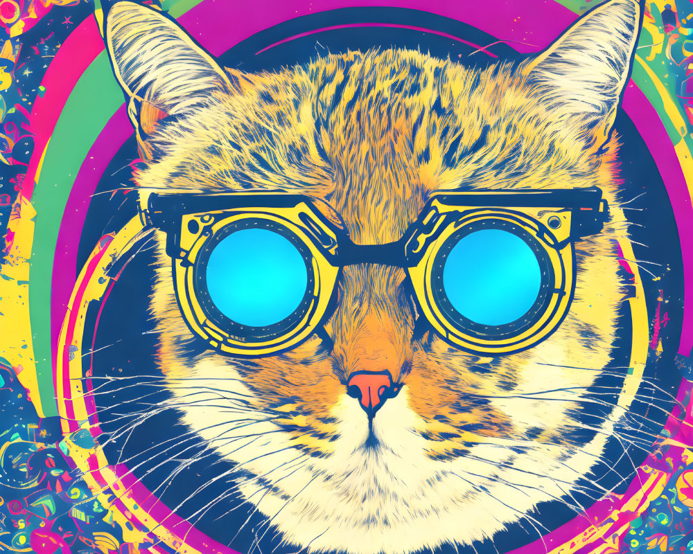 Colorful Cat Illustration with Psychedelic Patterns and Glasses