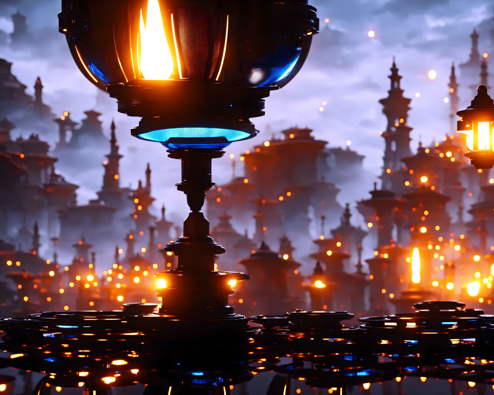 Fiery lantern close-up over fantasy cityscape at dusk