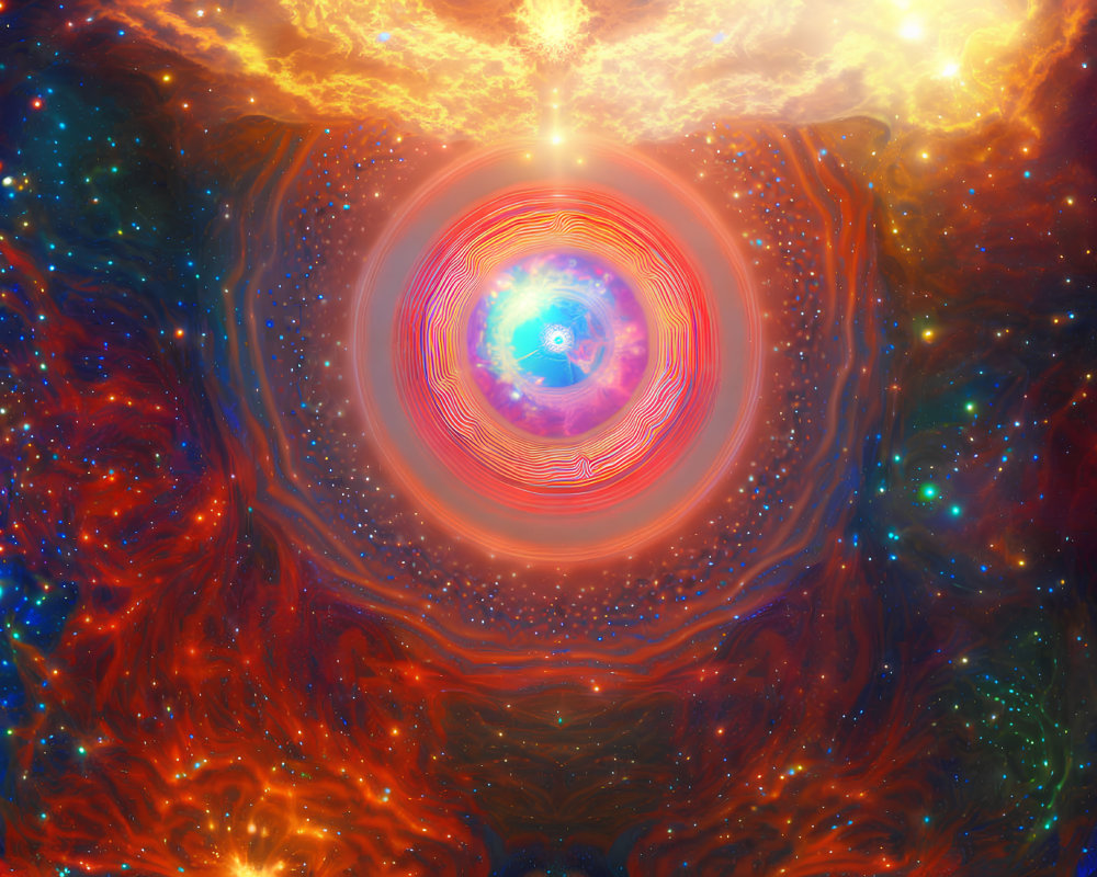 Abstract cosmic image with central bright light and swirling orange and blue nebulae.