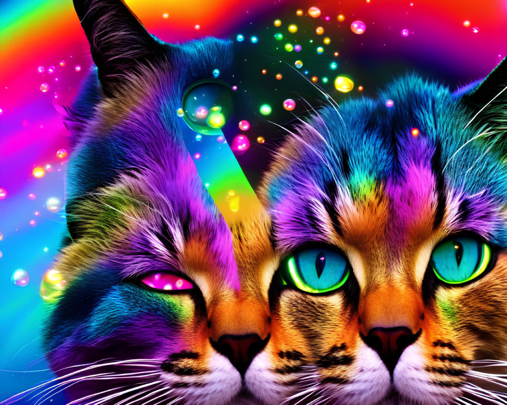 Colorful Digital Art: Two Cats with Rainbow Background and Floating Bubbles