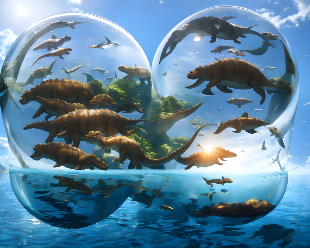 Prehistoric creatures in heart-shaped bubble underwater