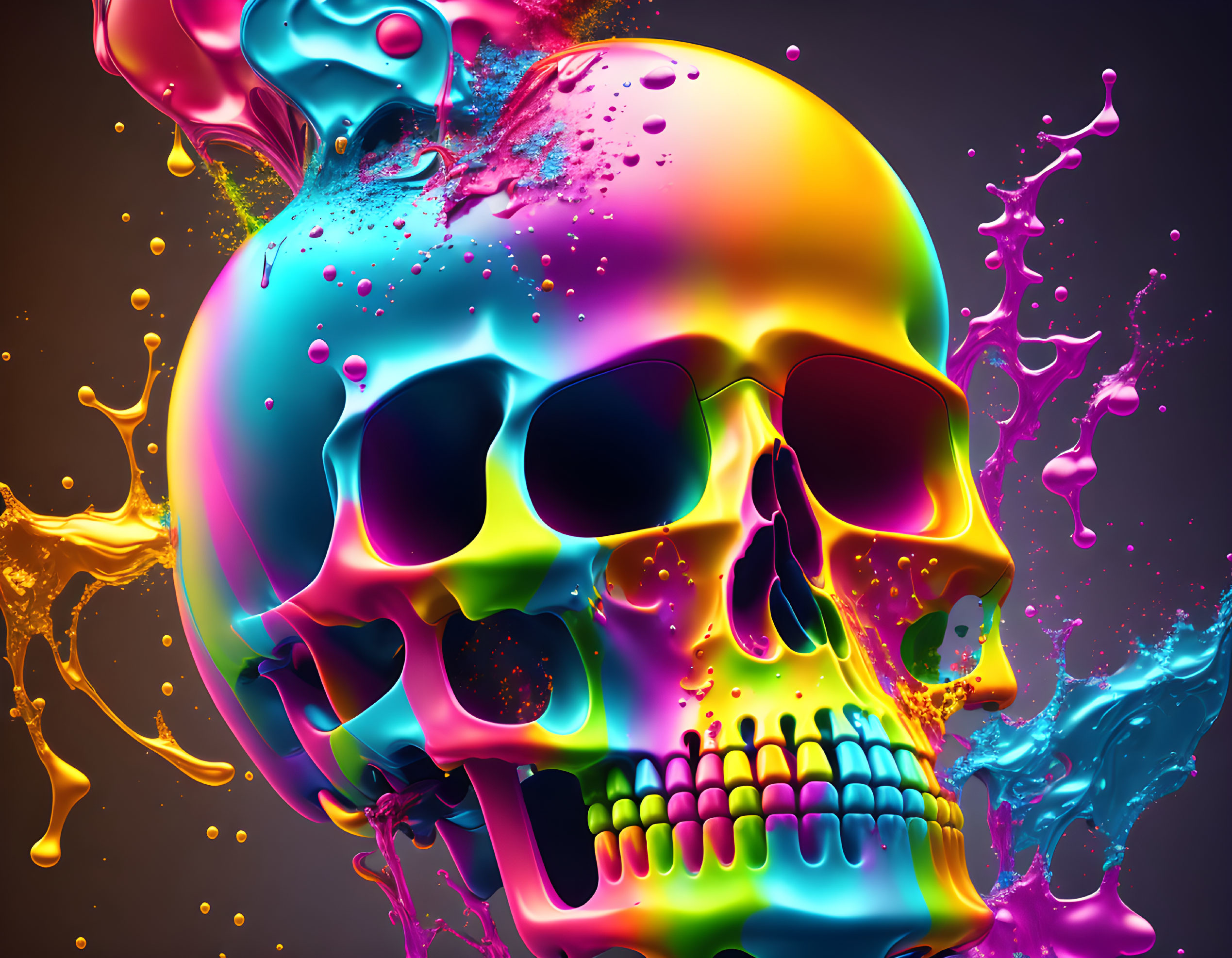 Colorful skull with paint splashes and sunglasses on dark background.