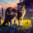 Five Vibrant Cats with Unique Markings in Purple Flower Field at Sunset