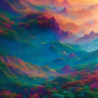 Colorful digital artwork: Misty mountain landscape with lush vegetation