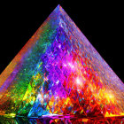 Vibrant neon light projection on pyramidal structure in black background