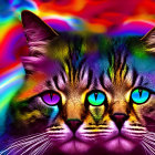 Colorful Digital Art: Two Cats with Rainbow Background and Floating Bubbles