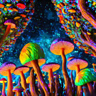 Colorful Mushroom and Flower Scene on Starry Blue Background