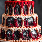 Ornate multi-tiered cake with red and black figurines and baroque decor