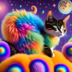 Colorful Cat in Furry Coat with Fluffy Balls on Purple Background