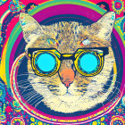 Colorful Cat Illustration with Psychedelic Patterns and Glasses