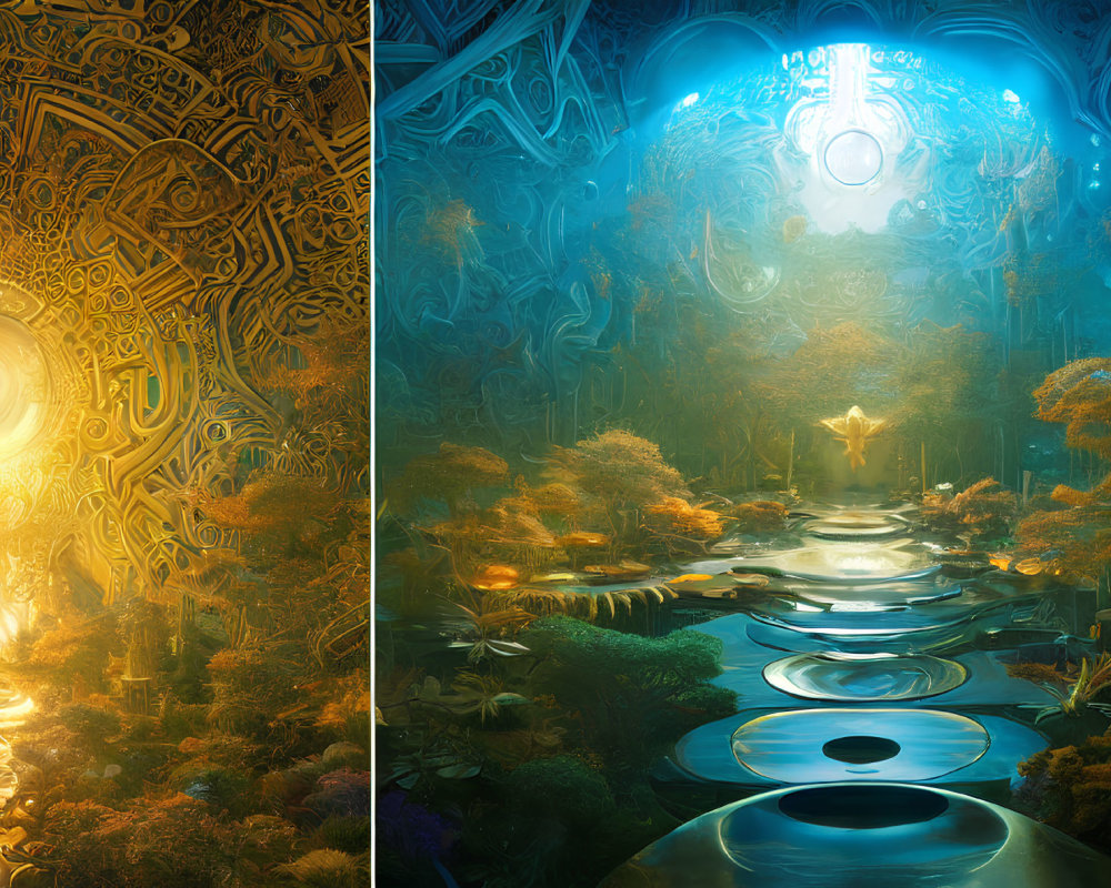 Divided vibrant scene: golden patterns on left, mystical blue forest with floating discs on right