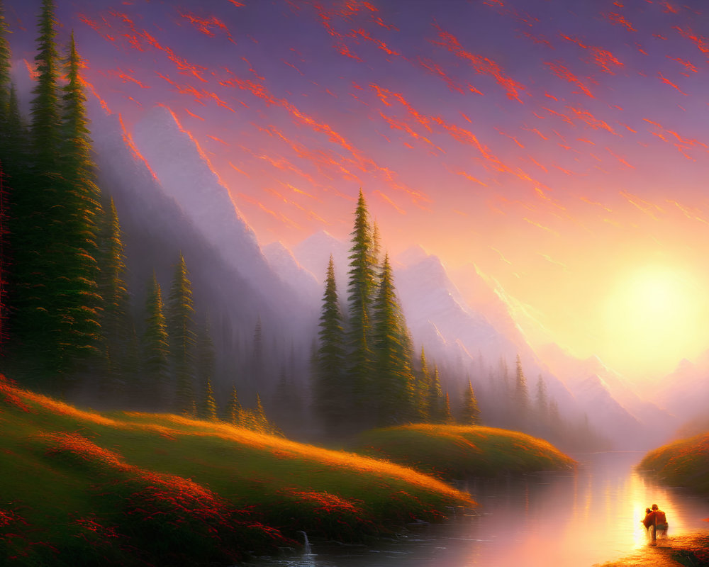 Tranquil sunset landscape with river, pine trees, and canoe person