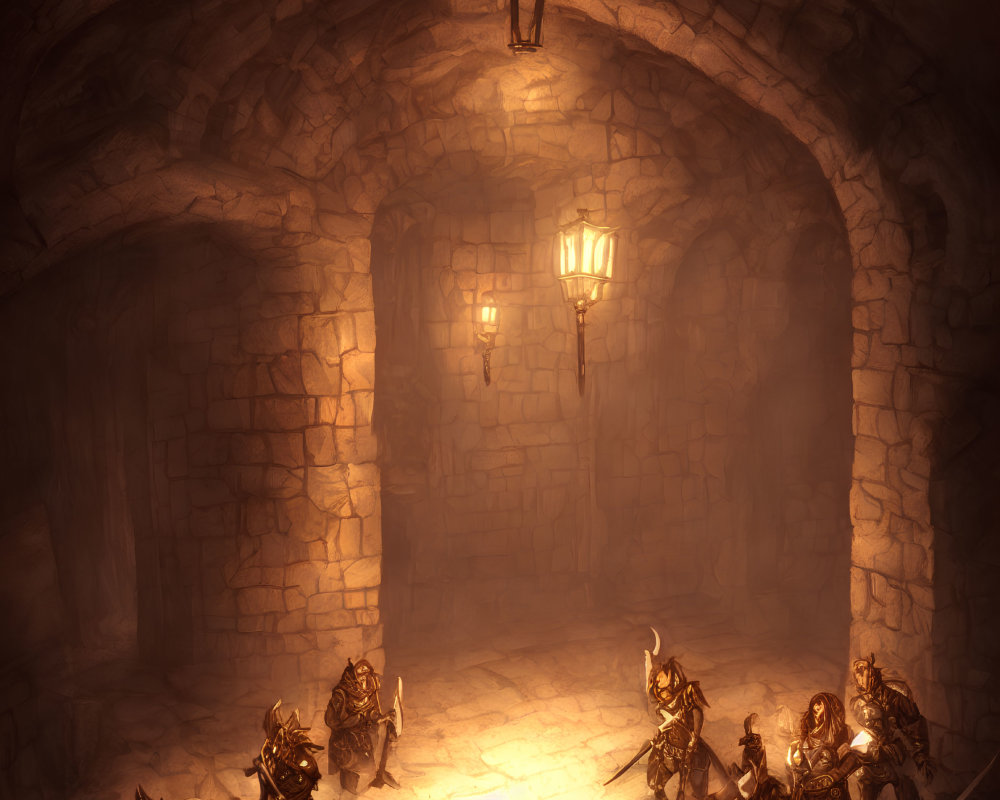 Armored fantasy characters in dimly lit stone dungeon with torches