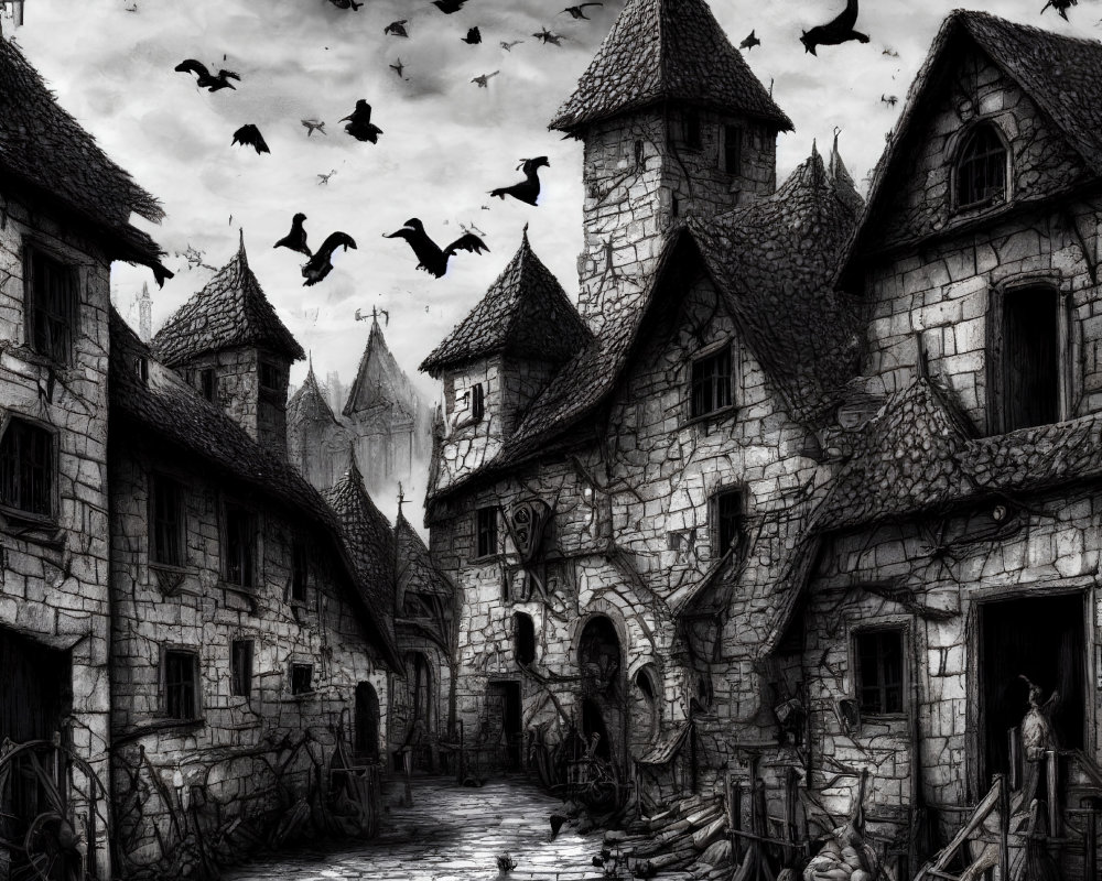 Medieval village street with stone buildings, crows, villagers, carts, and cobblestones.