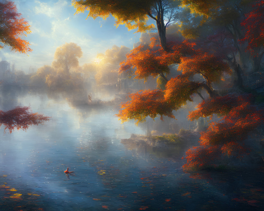 Tranquil autumn landscape with vibrant orange trees and tranquil lake