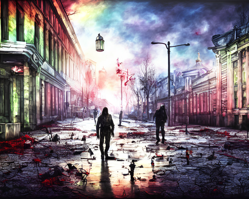 Apocalyptic cityscape with silhouetted figures and vivid skies