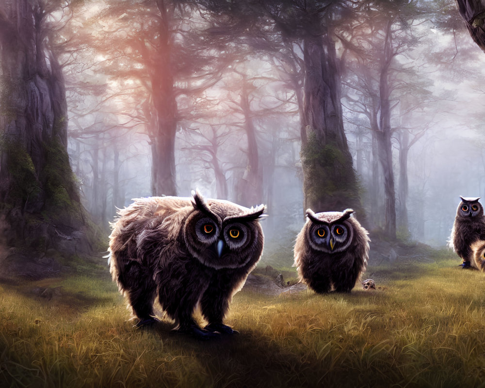 Mystical forest scene with owls and human-like eyes in misty trees