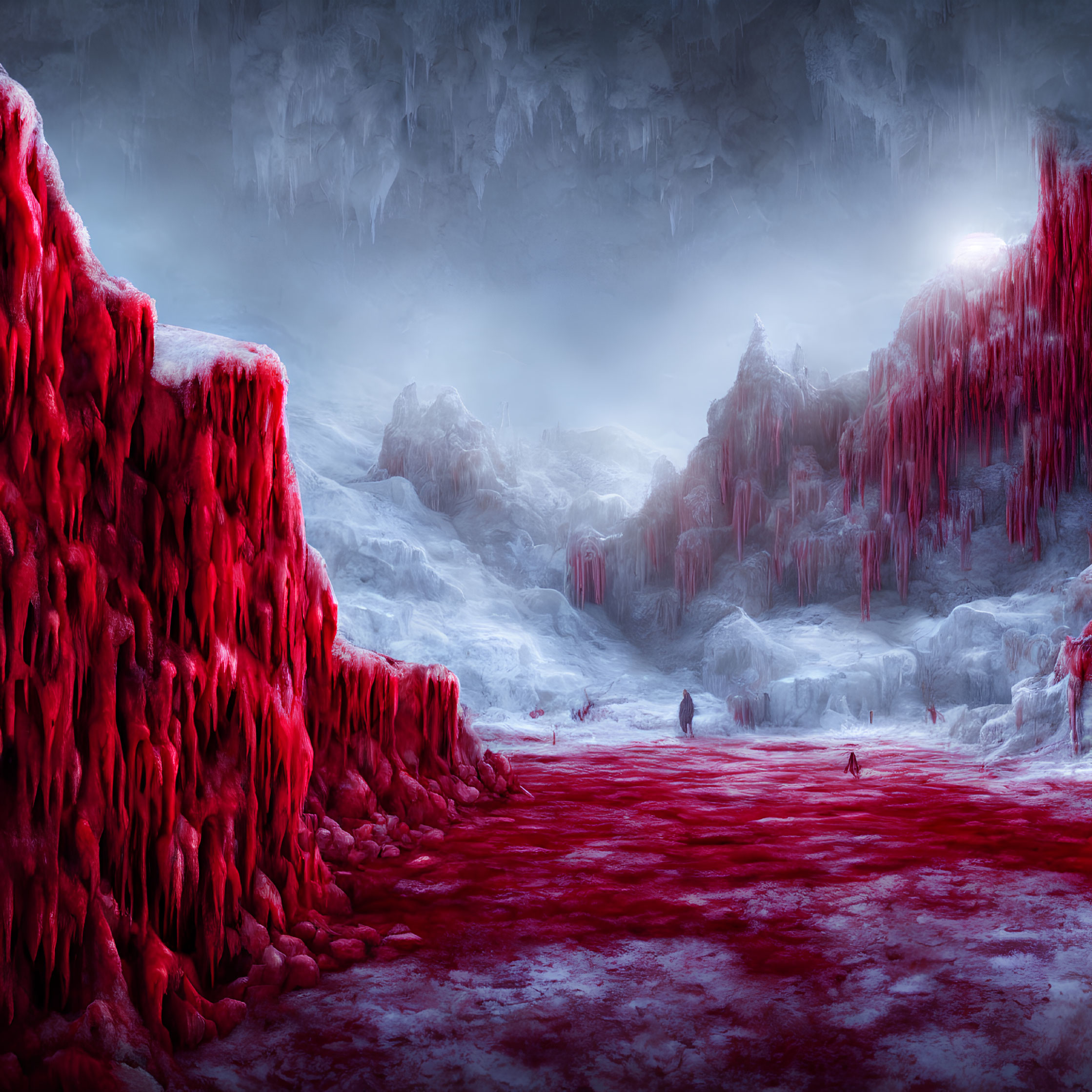 Surreal landscape: red vegetation, icy rivers, stalactites, stalagmites, dim