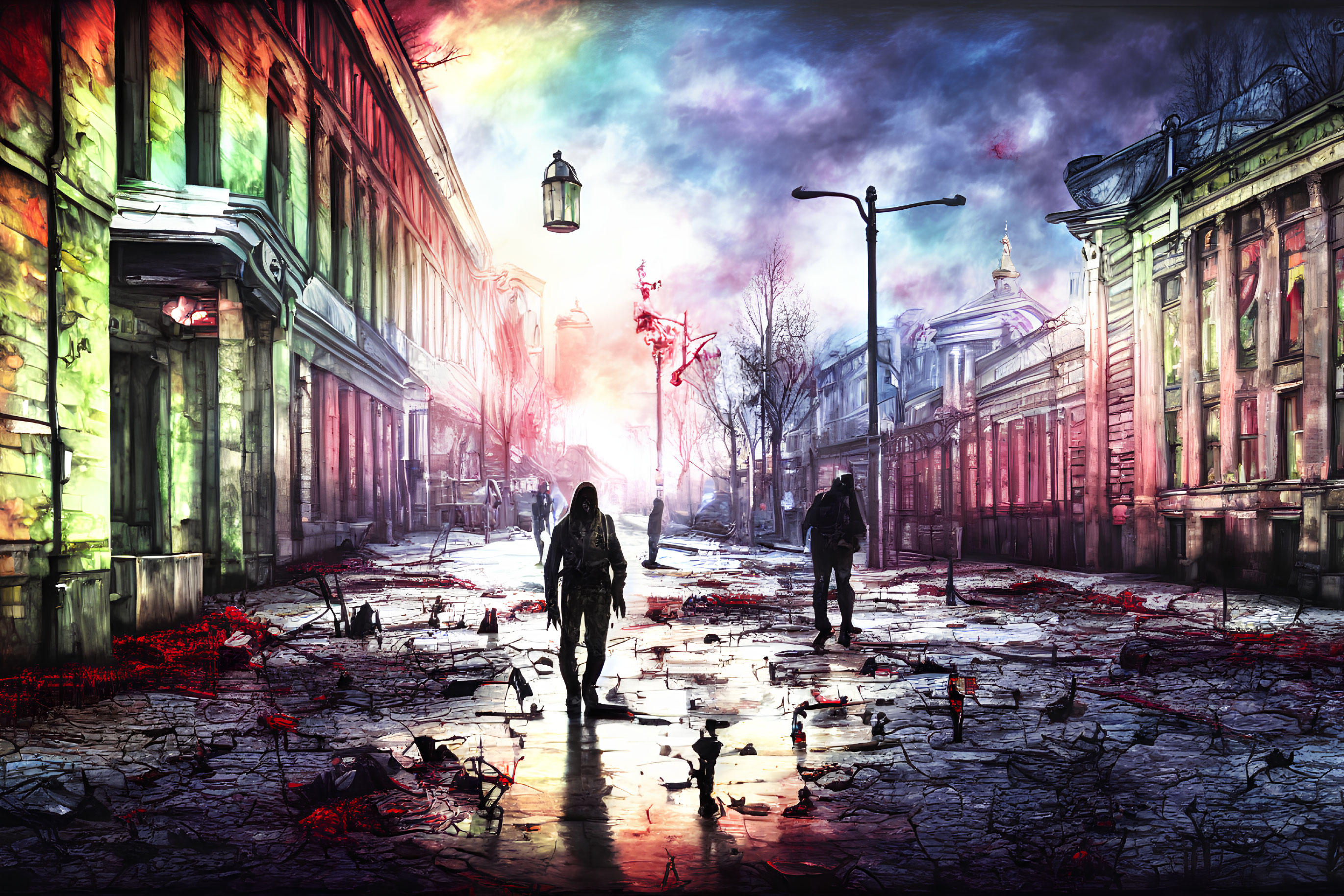 Apocalyptic cityscape with silhouetted figures and vivid skies