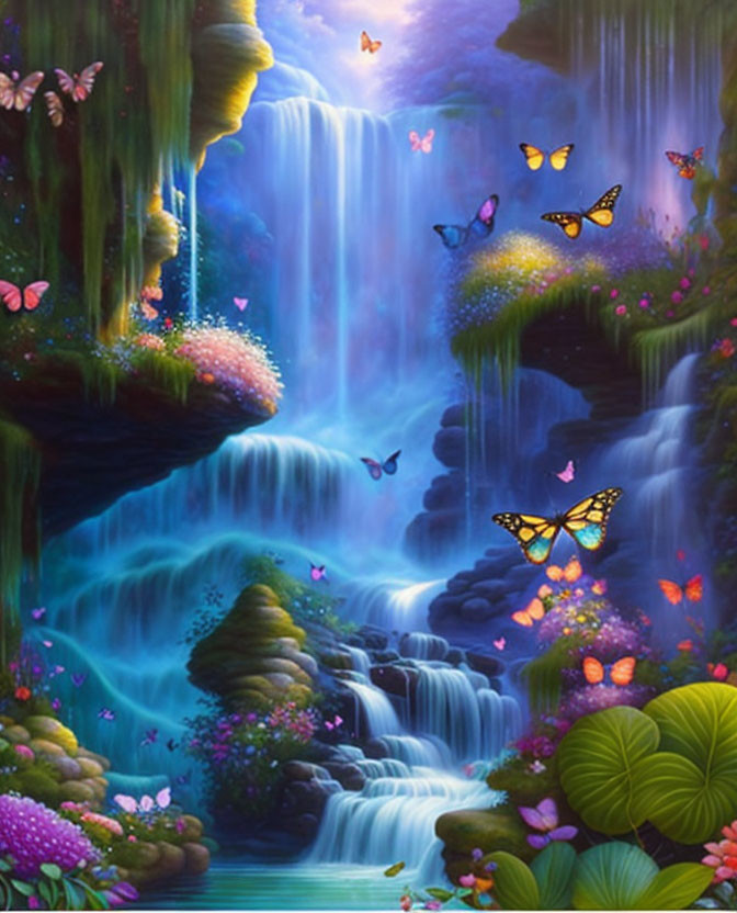Colorful waterfall painting with butterflies and lush forest