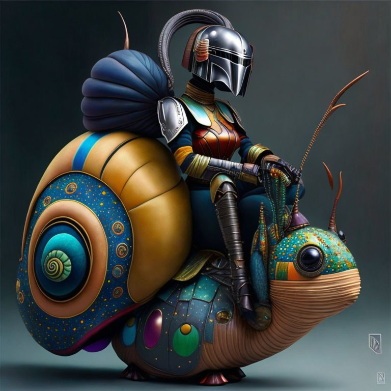 Futuristic knight in armor riding large snail with vibrant colors