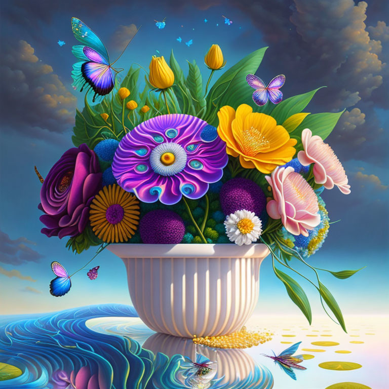 Colorful digital artwork: Floral arrangement with butterflies, blending realism and fantasy against dreamy backdrop.
