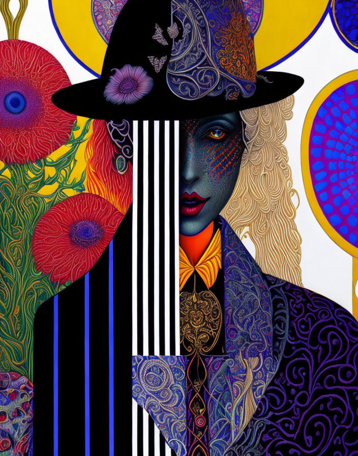 Colorful Artwork of Blue Woman in Decorated Attire & Hat
