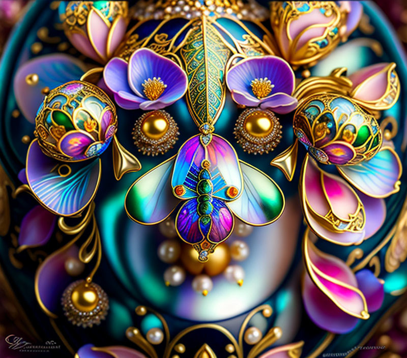 Symmetrical digital artwork with jewel-like elements in purples, blues, and golds