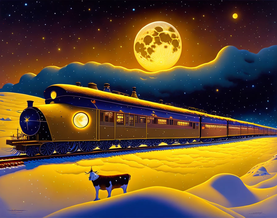 Vintage train travels through snow-covered landscape at night with full moon and cow.