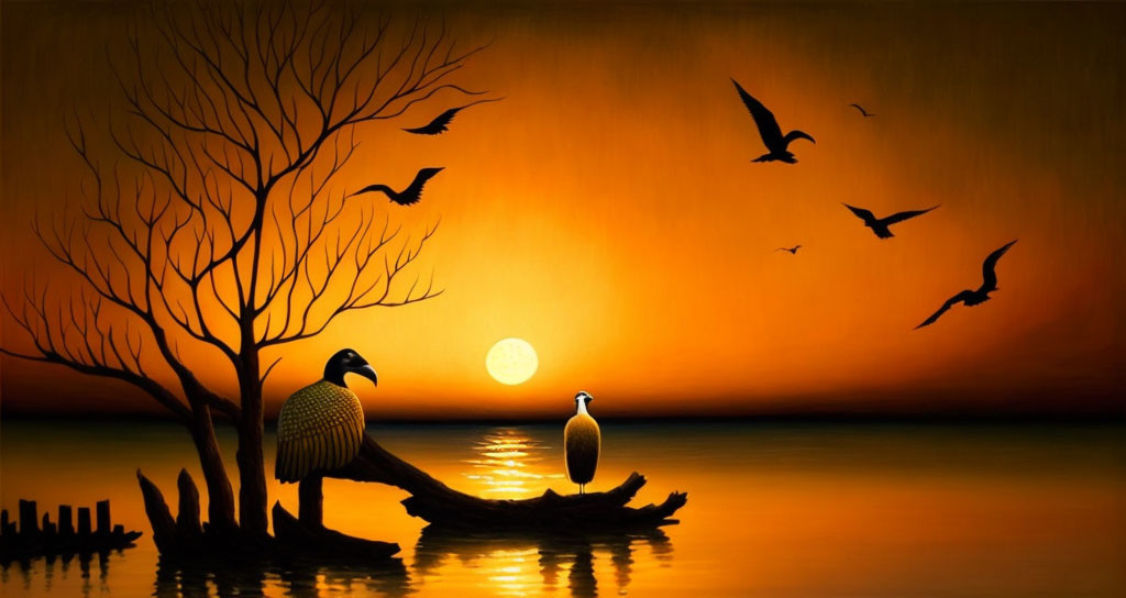 Tranquil sunset scene with silhouettes of birds, tree, and water reflection