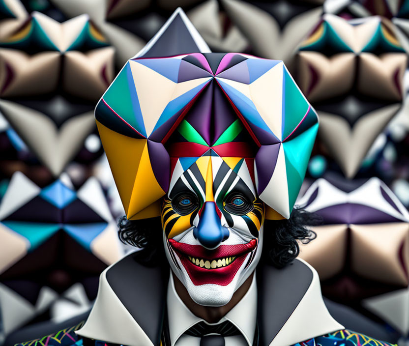 Colorful Geometric Costume and Face Paint on Smiling Person