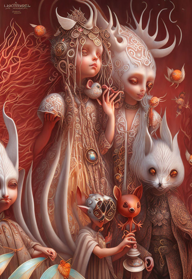 Ethereal beings with ornate headdresses in fiery fantasy portrait