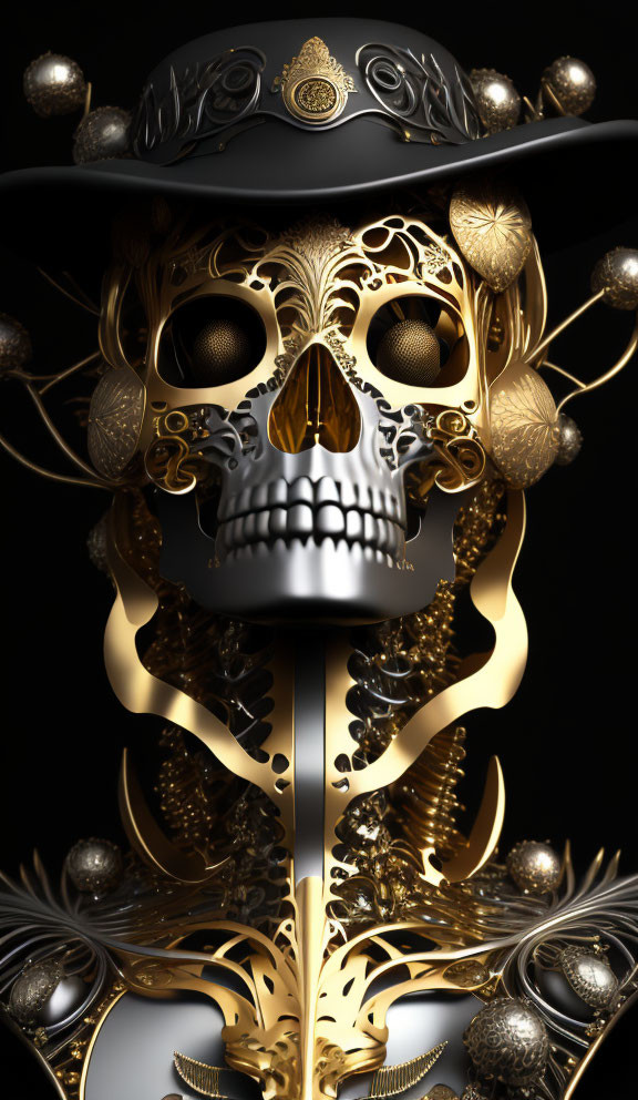 Ornate Golden Skull with Black Hat on Dark Background