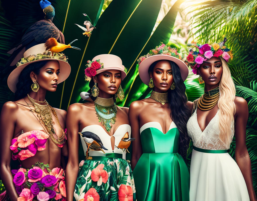 Four Women in Elegant Dresses and Floral Hats Surrounded by Tropical Foliage and Exotic Birds