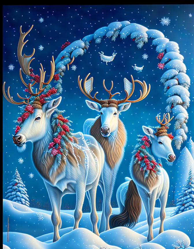 Decorated reindeer under starry sky with snow-covered trees and glowing aurora.