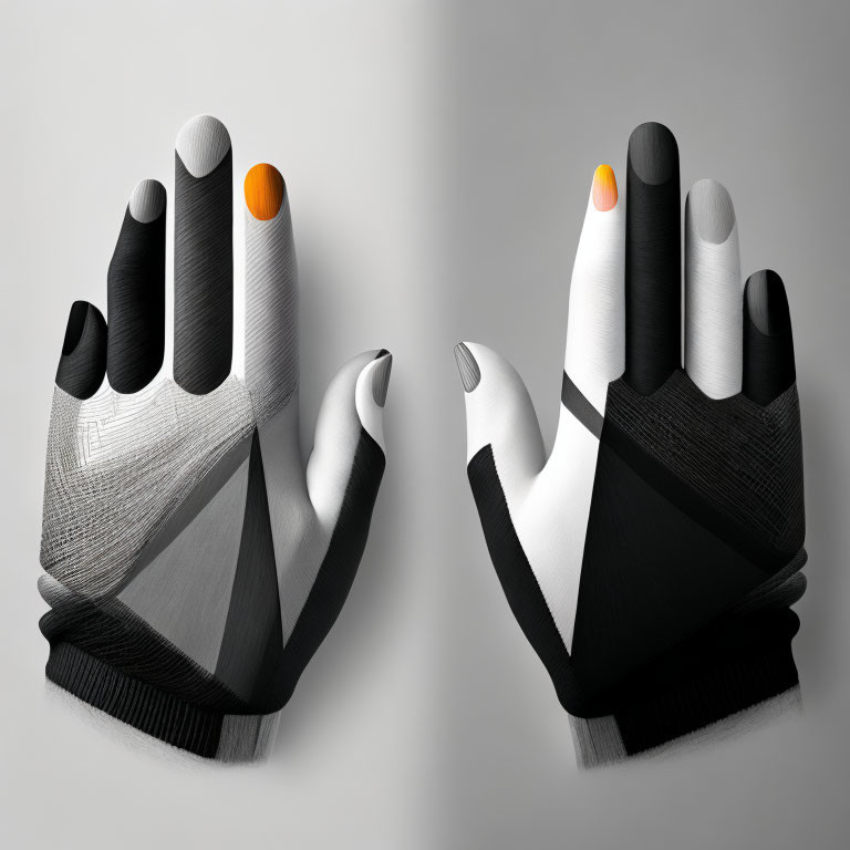 Modern fingerless gloves with black and gray design, orange fingertips.