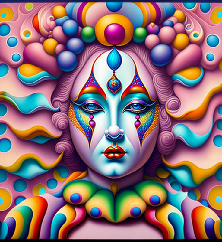 Colorful Psychedelic Face Illustration with Decorative Patterns