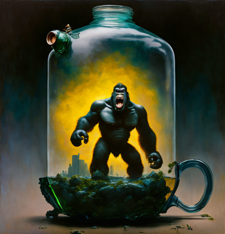 Gorilla and frog in glass jar with cityscape, under yellow sky