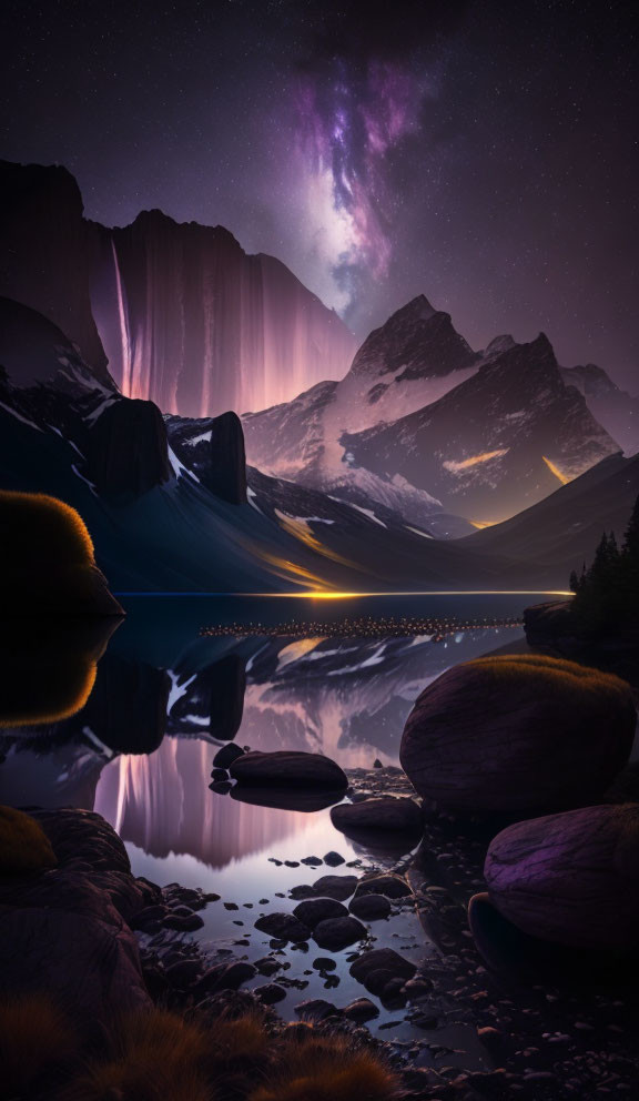 Scenic night landscape with Milky Way, cliffs, lake, and rocks